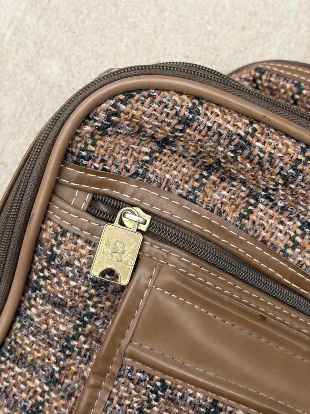 Vintage Oleg Cassini Tweed Travel Bag Suitcase Brown Weekender Shoulder Strap